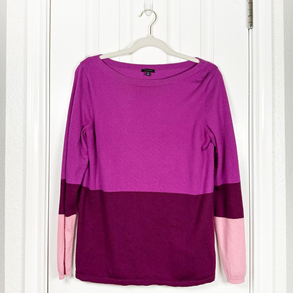 Talbots Women's Size M Purple Pink Lambswool Colorblock Sweater Soft Workwear